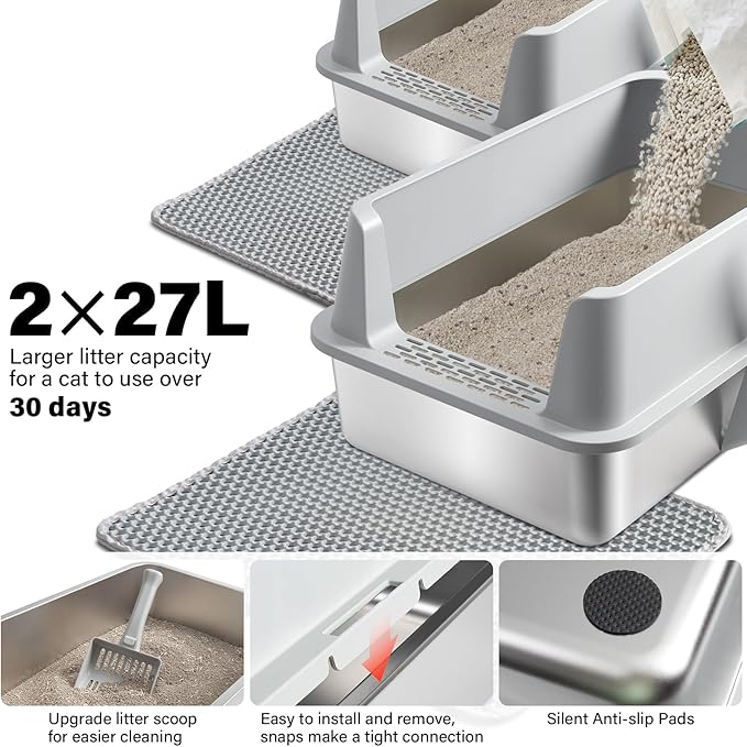 Stainless Steel Litter Box 2 Pack, Metal Cat Litter Box with Lid High Sides,XL Extra Large Litterbox for Big Cats,Non-Stick, Anti-Leakage,Easy to Clean,Include Litter Mat & Scoop,23x14.6x10in