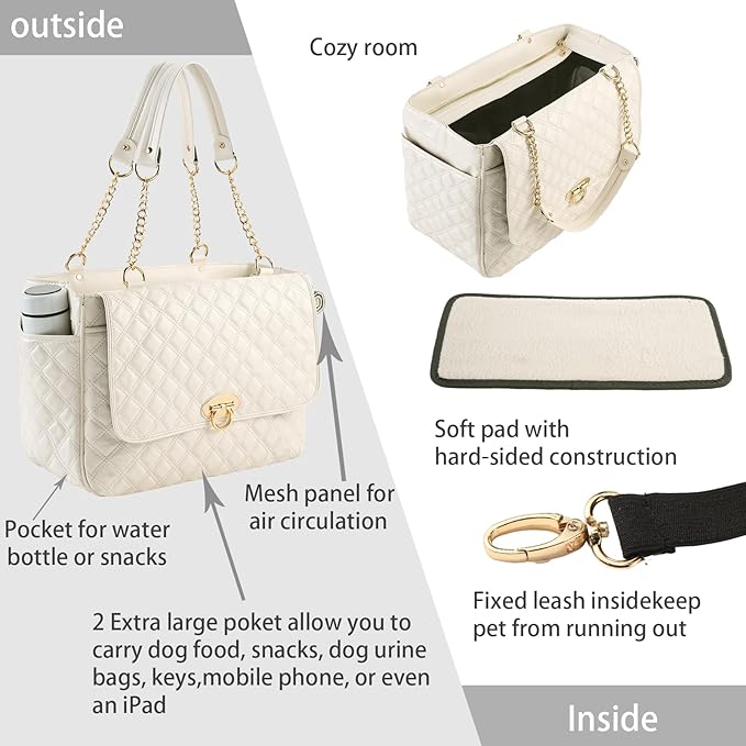 Fashion Dog Purse for Small Dogs with 2 Super-Large Pockets, Holds Up to 10lbs PU Leather Pet Carrier, Cat Carrier, Airline Approved Puppy Purse for Travel (White, Small Size)