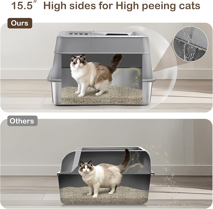 Stainless Steel Cat Litter Box with 110° Flip-Top Lid, XXL Large Enclosed Metal Litter Box for Big Cats with Scoop & Pedal, Removable Lid -Odor Control, Non-Stick Surface, Front Entry Top Exit (Grey)