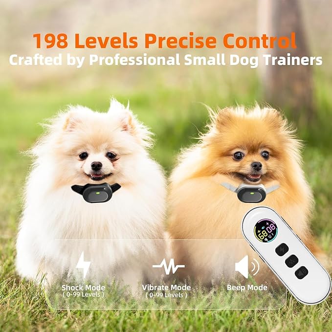 Ultra-Small Dog Shock Collar for 2 Dogs, Ultra-Light & Thin Dog Training Collar with 1300ft Remote, Tailored for Small Dogs 5-15lbs & Medium Dog, 198-Level Control,Waterproof, Rechargeable(WhiteBlack)