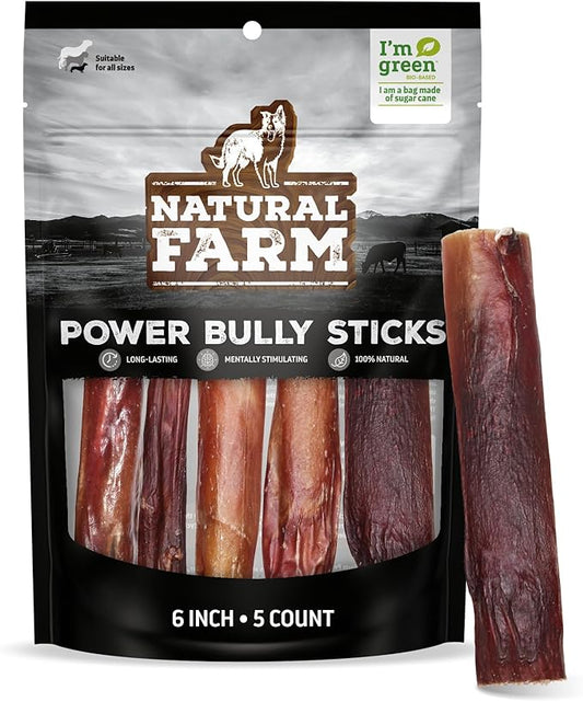 Natural Farm Power Bully Sticks Dog Chews (6”, 5-Pack), 2-in-1 Power Chews: Premium Beef Cheek Wrapped in Beef Pizzle, Long-Lasting, Great Dog Dental Treats Fro Small, Medium & Large Dogs