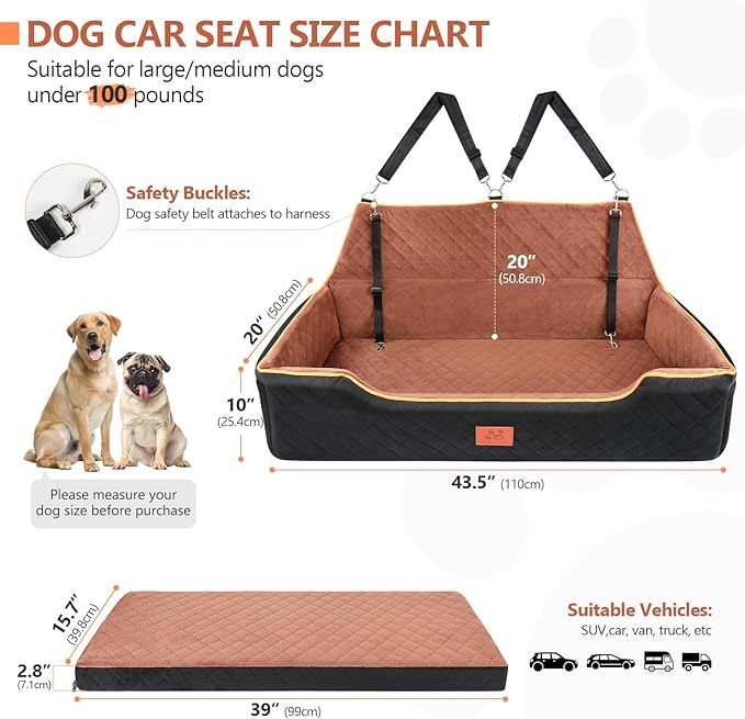 Large Dog Car Seat for Dods Under 100 Lbs, Memory Foam Dog Car Bed for Backseat & Trunk, Detachable and Washable Cover, Pet Travel Seat with Storage Pockets,2 Safety Belts