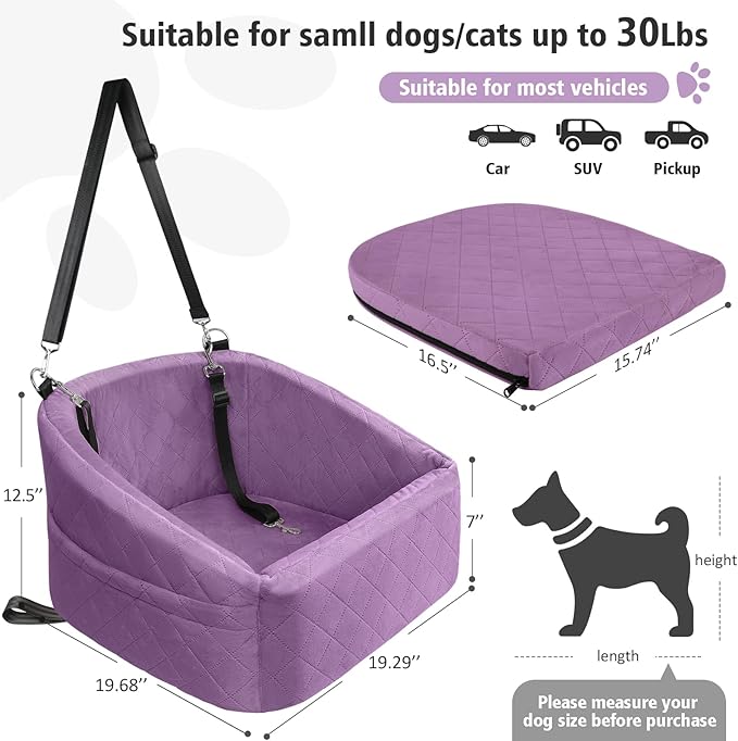 Dog Car Seat for Small Medium Dogs,Detachable Washable Dog Booster Seat Under 30lbs, Pet Car Seats Travel Bed with Storage Pockets and Safety Belt (Purple)