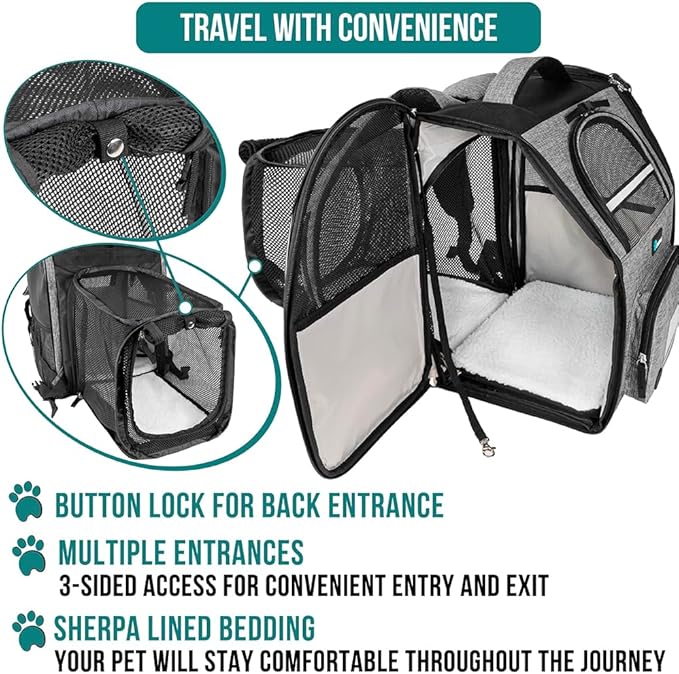 PetAmi Dog Cat Backpack Carrier, Expandable Pet Carrier Backpack for Travel Hiking, Small Medium Dog Puppy Large Cat Carrying Backpack, Airline Approved Ventilate Soft Back Support, 18 lbs, Light Gray