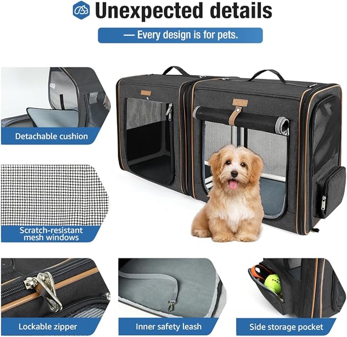 Lekereise 2-in-1 Cat Travel Carrier with Litter Box, (17.7" x2) x16.5"x13" Large Cat Carrier with Zipper Locks for Moving Across The Country (No Hammock) - Black