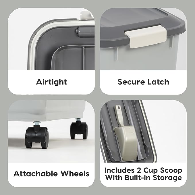 IRIS USA Dog Food Storage Container 50 lbs, 2-Pack with Wheels, Airtight Lid, 2-Cup Scoop, Double Pet Food Storage, Built in Scoop Storage in Lid, Versatile Pet Food Bin, Portable, Gray/Dark Gray