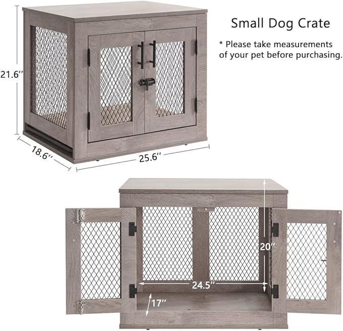 unipaws 25.5 Inch Dog Crate Furniture, Wooden Dog Kennel for Small Breed, Indoor Wood Dog Cage, Inside Side End Table Crate with Tray and Dog Bed for Puppy, Cats, Min Pigs, Rabbit, Up to 25 lbs