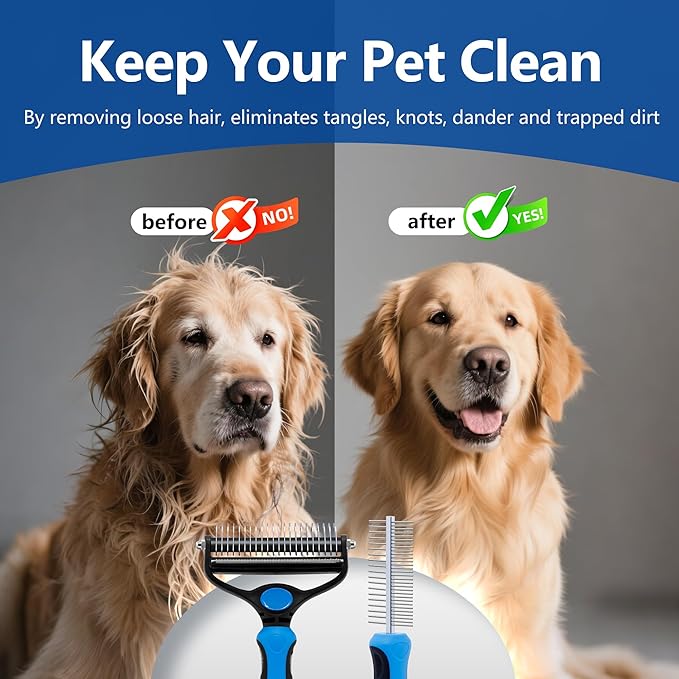 Dog Brush for Shedding, Deshedding Dog Brush for Long Haired Dogs, Cat Grooming Set 2 in 1 Undercoat Rake with Flea Comb-Large