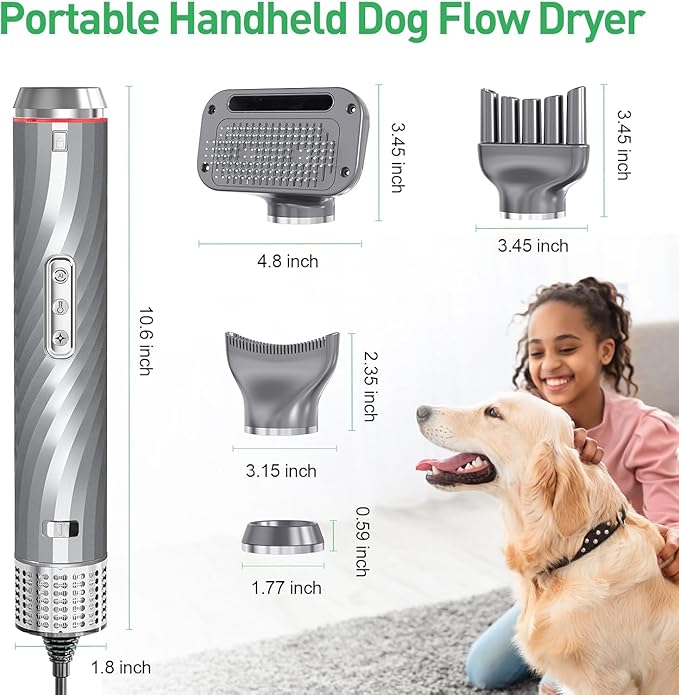 Discala Dog Dryer, Dog Grooming Blow Dryer Kit with Slicker Brush for Pet, High Velocity Blow Dryer for Dogs with Adjustable Speed and Temperature for Pet Grooming Supplies and Home Use, Gray