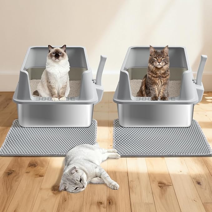 Stainless Steel Litter Box 2 Pack, Metal Cat Litter Box with Lid High Sides,XL Extra Large Litterbox for Big Cats,Non-Stick, Anti-Leakage,Easy to Clean,Include Litter Mat & Scoop,23x14.6x10in