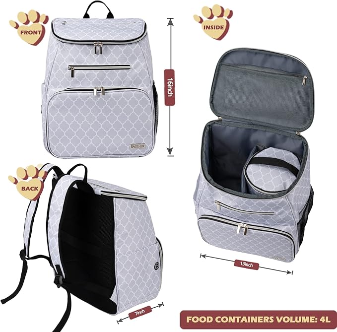 BAGLHER Dog Travel Bag Backpack, Airline Approved Pet Supplies Backpack, Dog Travel Bag with 2 Silicone Collapsible Bowls and 2 Food Baskets DLWhite