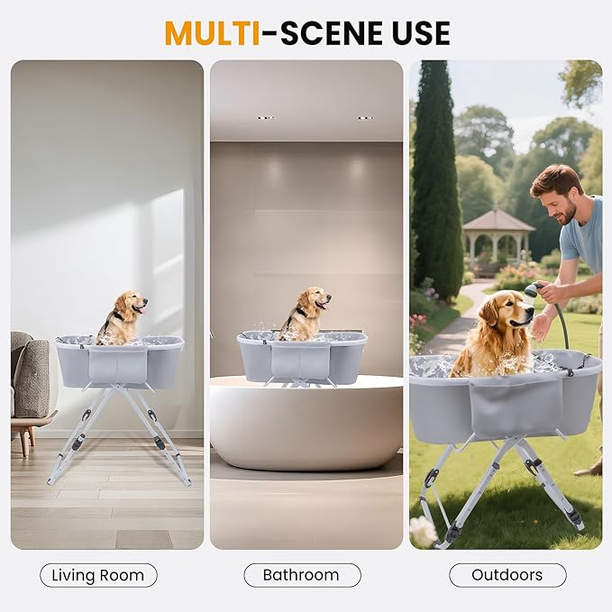 Dog Bathtub, Collapsible Dog Bath Tub with Ergonomic Design, Portable Elevated Station for Bathing & Grooming, Suitable for Cats & Small to Medium Dogs, Indoor & Outdoor, Gray