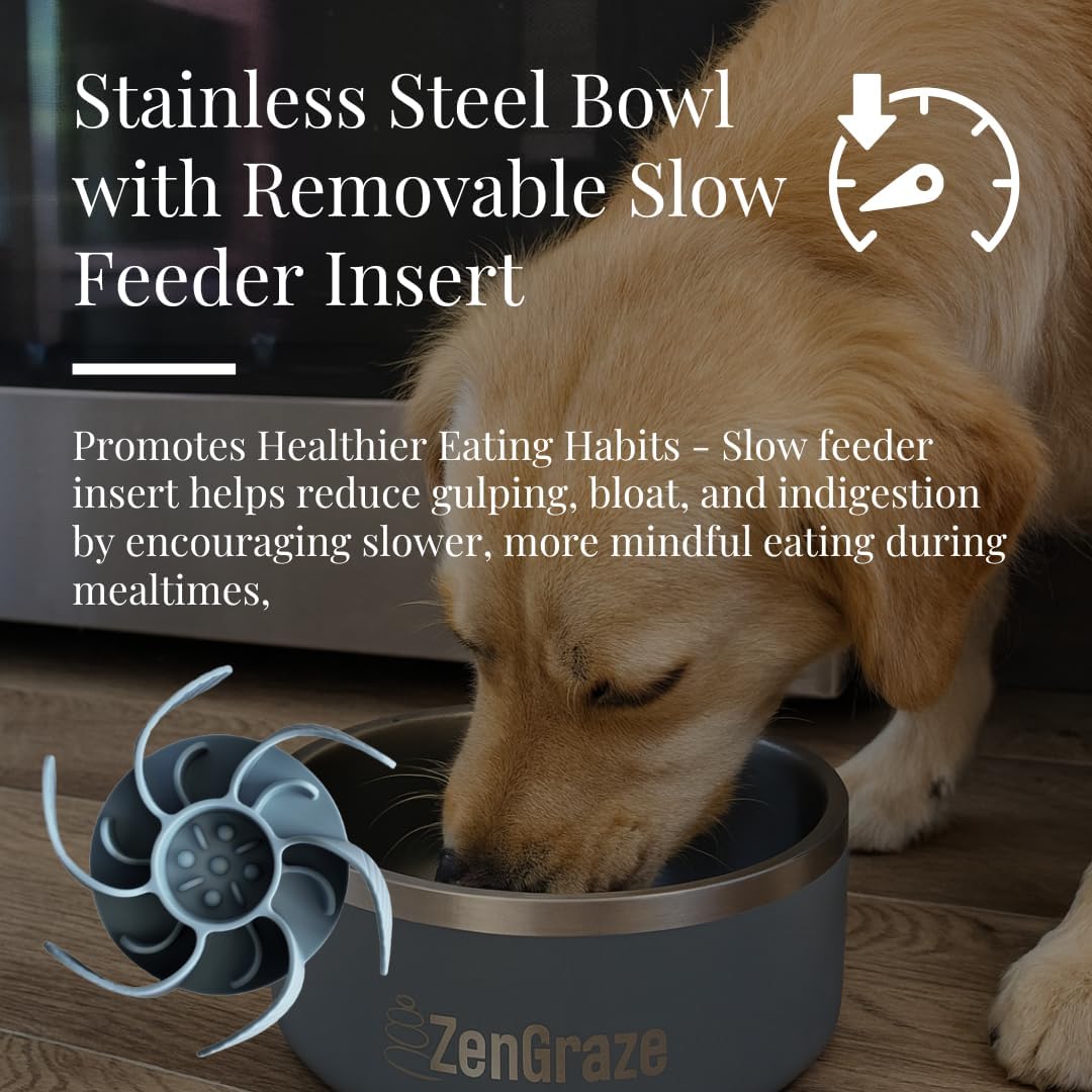 Stainless Steel Slow Feeder Dog Bowl for Large Dogs | 64 oz, Non-Slip Base with Textured Lick Mat Lid & Silicone Slow Feeder Insert – Deep Anti-Gulp Metal Puzzle Bowl for Large Breeds (Steel Gray)