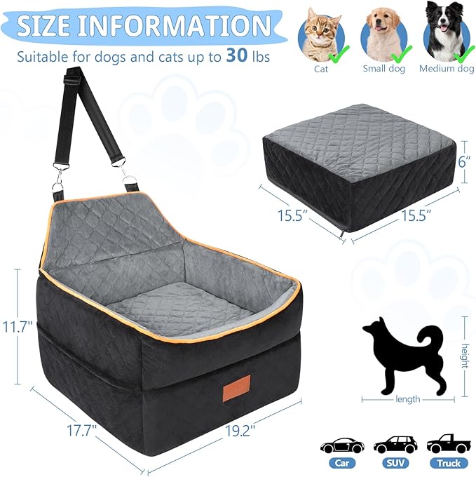 Dog Car Seat - Memory Foam Booster for Small Dogs 0-35 lbs, Anti-Slip with 2 Adjustable Leashes, Elevated Dog Travel Bed with Storage Pockets