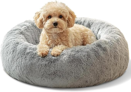 JOLLYVOGUE Small Dog & Cat Beds for Indoor Cats - 20 inches Calming Donut Dog Bed for Kittens & Puppies, Washable Round Fluffy Plush Faux Fur Pet Beds (Smoke Grey)