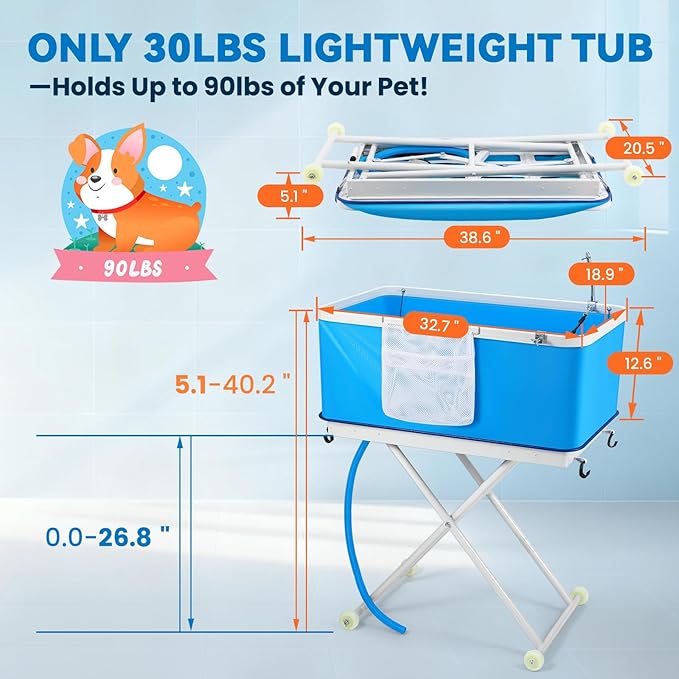 Portable Dog Bathtub, Effortlessly Adjust Height, Elevated Foldable Wash Station for Bathing Shower Grooming, Indoor & Outdoor, for Medium to Large Size Dogs