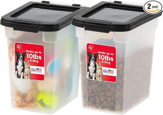 IRIS USA Airtight Dog Food Storage Container, Up to 10 lbs Each, 2 Pack, for Dog Cat Bird and Other Pet Food Storage Bin, Keep Fresh, Translucent Body, BPA Free, Clear/Black