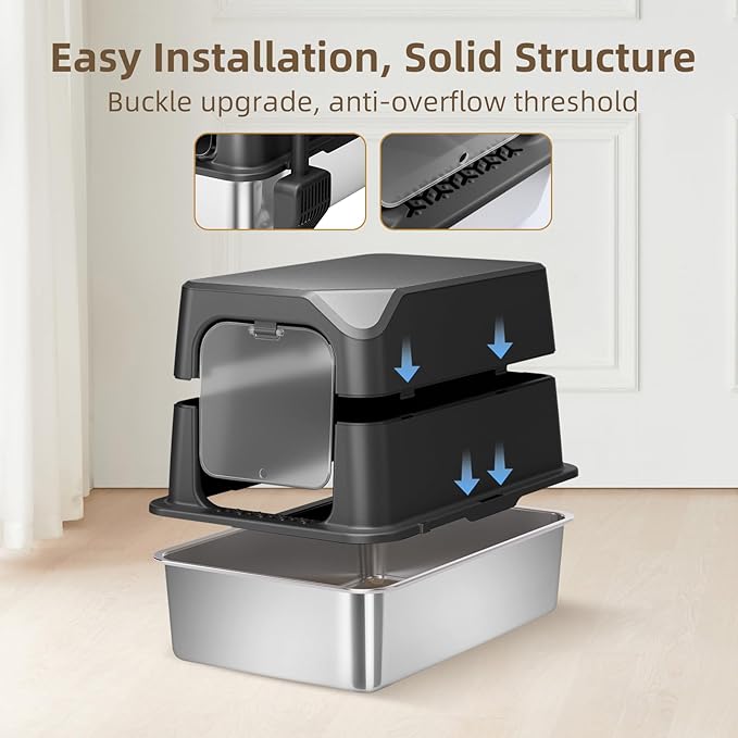 Stainless Steel Cat Litter Box with Lid, Extra Large, Great for Large & Small Cats, Easy to Clean, Anti-Leakage, Non-Sticky, Multifunctional 2 in-1 Metal Cat Litter Box - Black