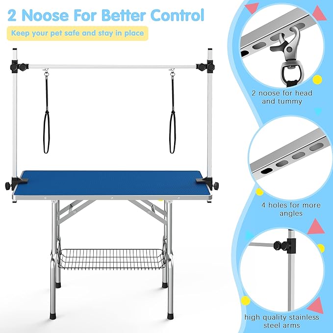 Lyromix 36''Large Dog Grooming Table, Adjustable Cat Drying Desktop with Arms, Nooses, Mesh Tray, Foldable Pet Station at Home, Maximum Capacity Up to 330Lb, 36inch, Blue
