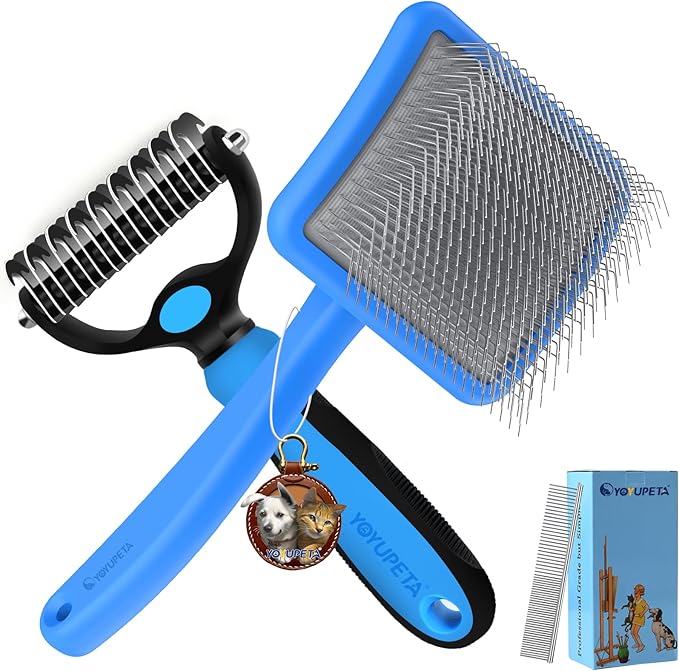 Large Slicker Brush for Dogs – 3pc Grooming Kit with Undercoat Rake & Comb, Deshedding Pin Brush for Mats & Shedding on Long-Haired & Double-Coated Dogs, Cats, Poodles & Goldendoodle, Blue
