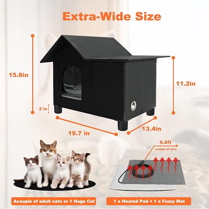 Elevated Large Heated Cat House for Outdoor Cats in Winter, Weatherproof Feral Cat Shelter with 2 Pads, Collaspable Insulated Cat Kennel Outside Stray Cat Hut for Wild Small Animal Rabbit
