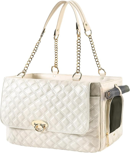 Fashion Dog Purse for Small Dogs with 2 Super-Large Pockets, Holds Up to 10lbs PU Leather Pet Carrier, Cat Carrier, Airline Approved Puppy Purse for Travel (White, Small Size)