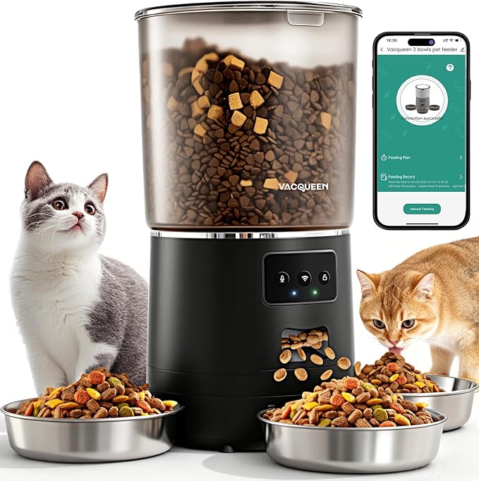 Automatic Cat Feeder for 3 Cats, 6L/25 Cups Smart WiFi Pet Feeder, Strong Anti-Jam System, Dual-Effect Desiccant Cat Food Dispenser, with 10S Voice Recorder for Cats and Small Dog(Black)