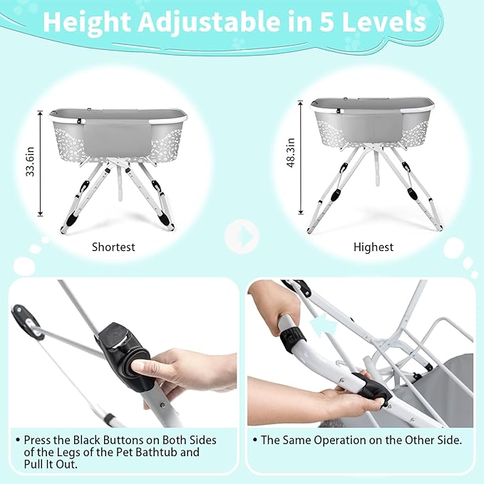 BACOENG Portable Dog Bathtub, 5 Height Adjustable Dog Washing Station, Dog Tubs for Bathing and Grooming, Pet Bath Tub for Small to Large Dogs, Indoor and Outdoor Use