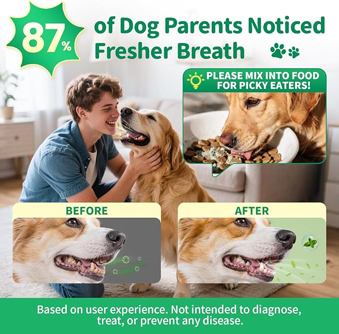 Dog Dental Powder – Teeth Cleaning Powder with 6B CFU Probiotics, Enzymes & Antioxidants, Plaque & Tartar Off, Fresh Breath Support, No Brushing Oral Care, Mint Chicken Flavor, 75 Servings