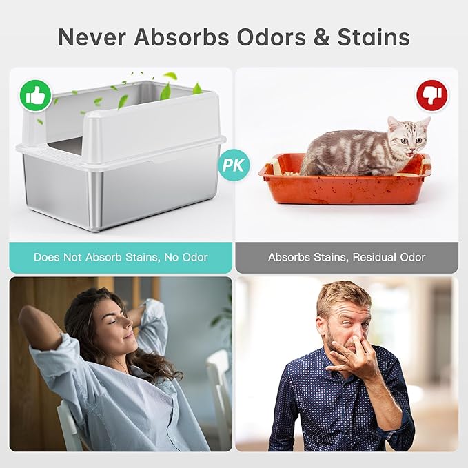 Stainless Steel Litter Box with Lid, 14” XL Stainless Steel Cat Litter Box Enclosure, Extra Large Metal Cat Box, Non-Sticky, Anti Leakage, Easy Cleaning Litter Pan, Include Scoop