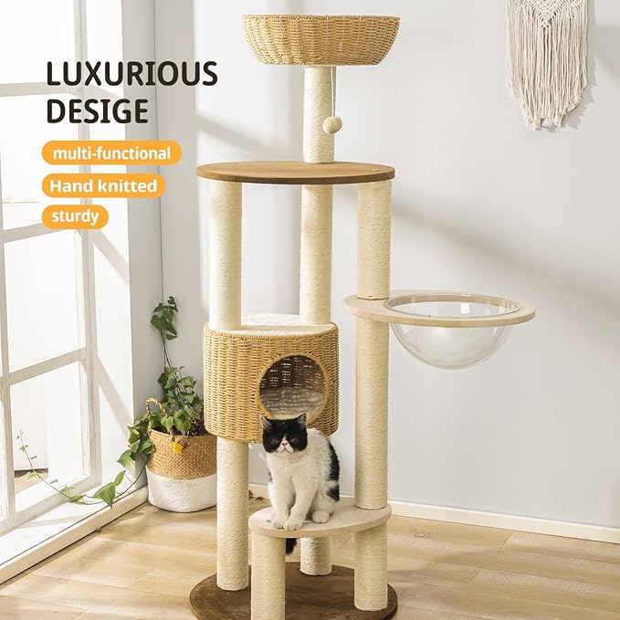 2025 Modern Cat Tree Tower for Large Cats, Advanced Space Module Cat's Nest Cat Tower, Hand Woven Multilevel Huge Paws Pals, 7cm Natural Sisal Prop Wood Cat Tree, Scratching Cat Lover Gifts