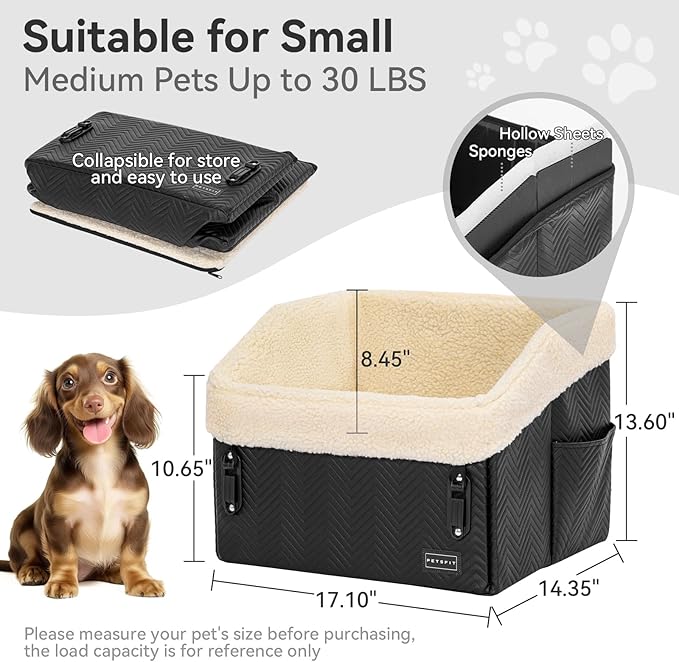 PETSFIT Small Dog Car Seat, Waterproof PU Leather Dog Booster Car Seat with Patented Safe Buckles, Detachable Washable Cushion, 2 Storage Pockets, Dog Car Seat Medium Sized Dog up to 30 lbs (Black)