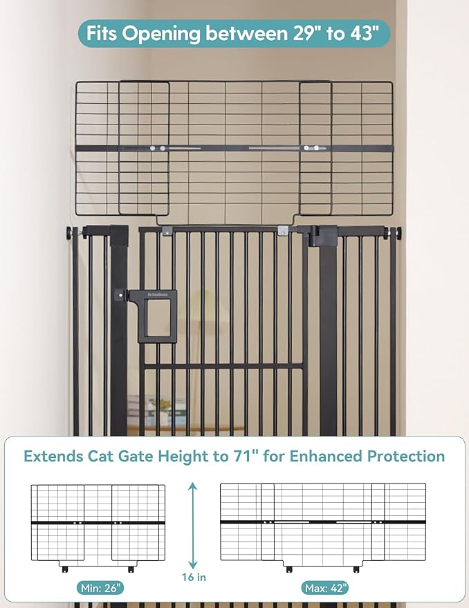 No Pawblems Upgraded 71" Extra Tall Pet Gate for Cat, 29-43" Auto Close Cat Gate for Doorways/Stairs/Hallways, NO Drilling Pressure Mounted Tall Dog Gate Indoor, 1.37" Pet-Safe Gap, Black