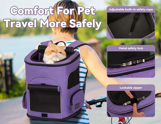 PETSFIT Dog Backpack Carrier with Upgraded Waist Protection, Pet Carrier Backpack Designed for Small Dogs/Cats, Fully Ventilated Collapsible Cat Backpack for Outdoor Traveling Hiking Camping Purple