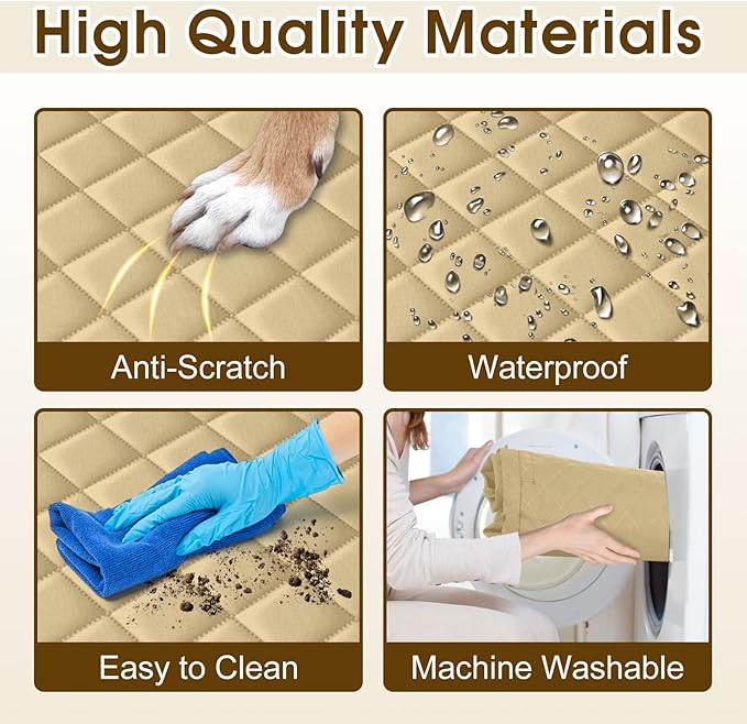 Waterproof Dog Car Seat Cover for Back Seat - Durable, Scratch Proof Pet Hammock with Nonslip Design & Storage Pockets, Fits Cars, SUVs, Trucks - L, Khaki/Black