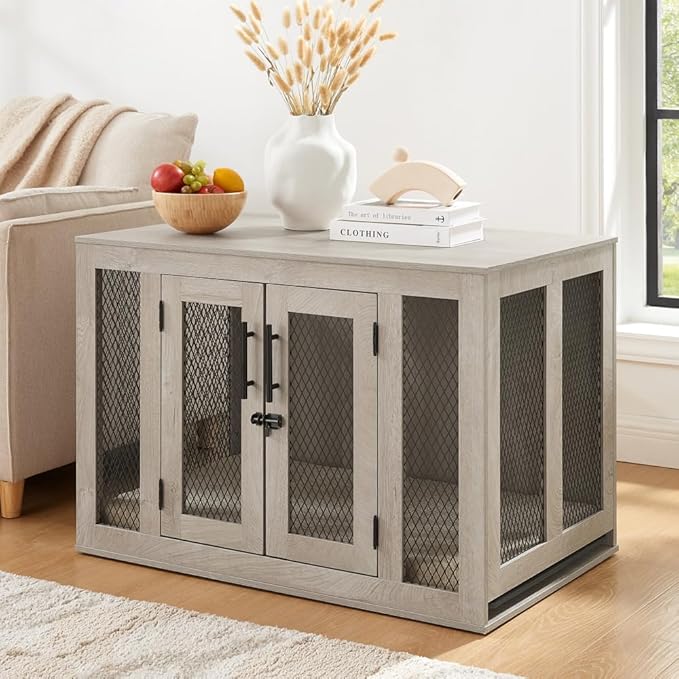 unipaws Furniture Style Dog Crate with Cushion and Tray, Mesh Dog Kennels with Double Doors, End Table Dog House, Medium Crate Indoor Use, Chew-Proof