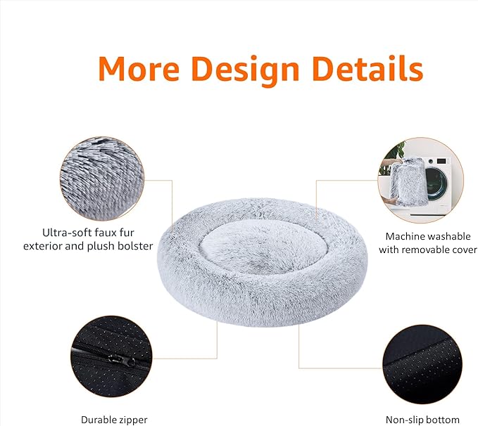 Amazon Basics Donut Pet Bolster Faux Fur Bed for Dog, Grey, 23" x 23"