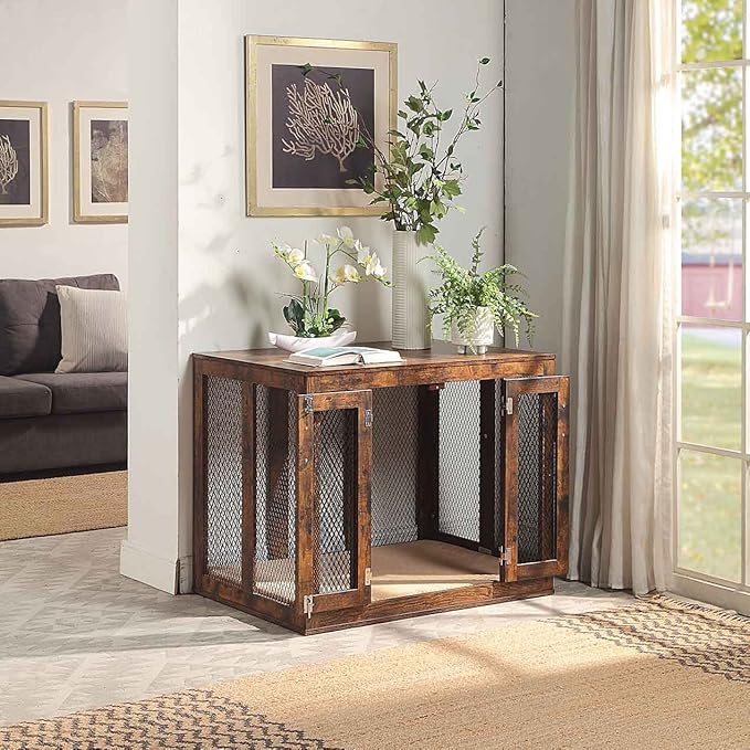 unipaws 38.5 Inch Large Dog Crate Furniture with Tray, Wooden Kennel Pet House Dog Cage with Door, Modern Decorative Dog Crate End Side Table Nightstand, Rustic