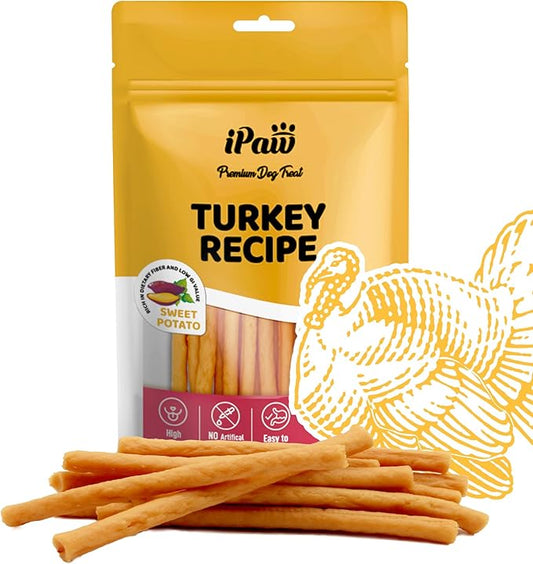iPaw Turkey Dog Treats, All Natural Human Grade Dog Treat, Suitable for Training chew, US Sourced Raw Material, Hypoallergenic, Rawhide Alternative, Thin Stick (Sweet Potato)