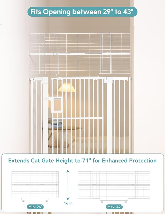 No Pawblems Upgraded 71" Extra Tall Pet Gate for Cat, 29-43" Auto Close Cat Gate for Doorways/Stairs/Hallways, NO Drilling Pressure Mounted Tall Dog Gate Indoor, 1.37" Pet-Safe Gap, White