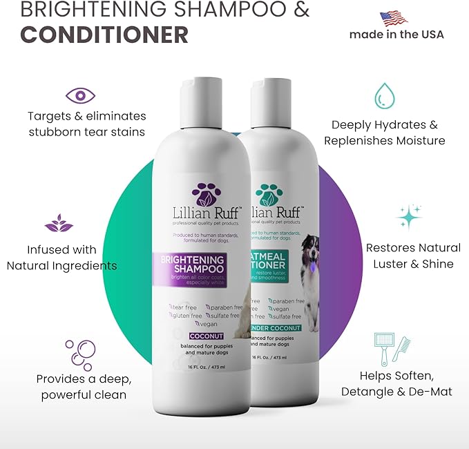 Lillian Ruff Brightening Shampoo & Oatmeal Conditioner Set for Dogs – Safe for Cats - Tear Free Coconut Scent with Aloe for Normal, Dry & Sensitive Skin