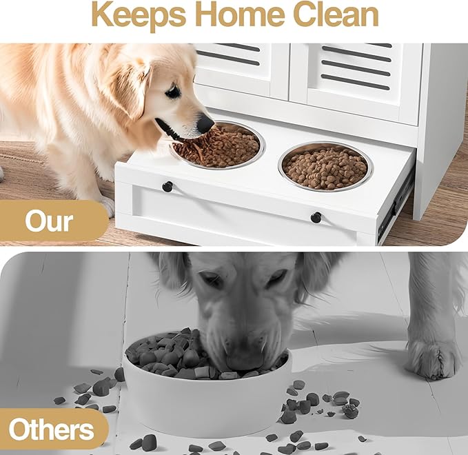 Giluta Dog Feeding Station, Food Cabinet Furniture with 2 Dog Raised Bowls, Pet Food Storage Pet Feeder Cabinet Container for Feeding&Watering Supplies,White