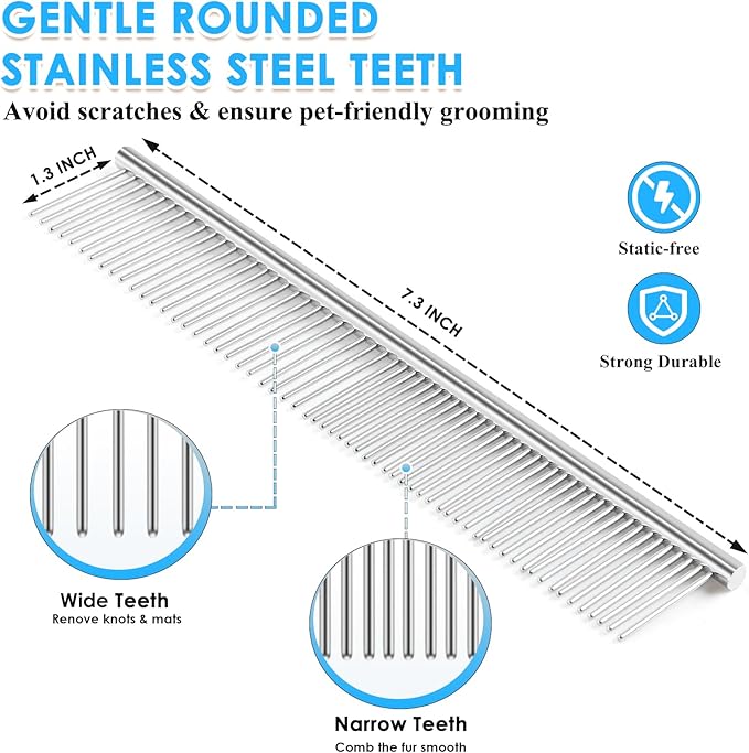 Large Slicker Brush for Dogs – 3pc Grooming Kit with Undercoat Rake & Comb, Deshedding Pin Brush for Mats & Shedding on Long-Haired & Double-Coated Dogs, Cats, Poodles & Goldendoodle, Blue