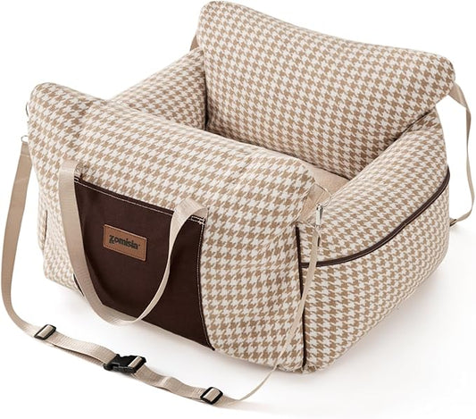 Dog Car Seat for Small Dogs - Waterproof Pet Booster Seat for Car with Clip-On Safety Leash, Soft Travel Carrier for Puppy up to 25 lbs, Memory Foam Filling & 2 Adjustable Buckles Houndstooth