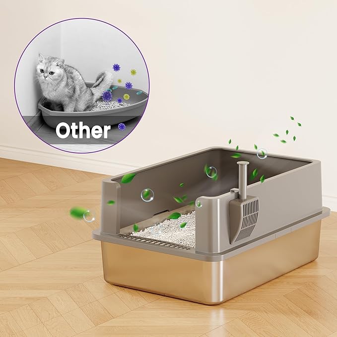 【No Sifting】 Tiuubt XXXL Stainless Steel Litter Box for Cats, 28''x20''x12'' Extra Large Metal Litter Box with High Sided Lid, for Big Cats, Multi-Cat Household, Non-Sticky & Easy to Clean