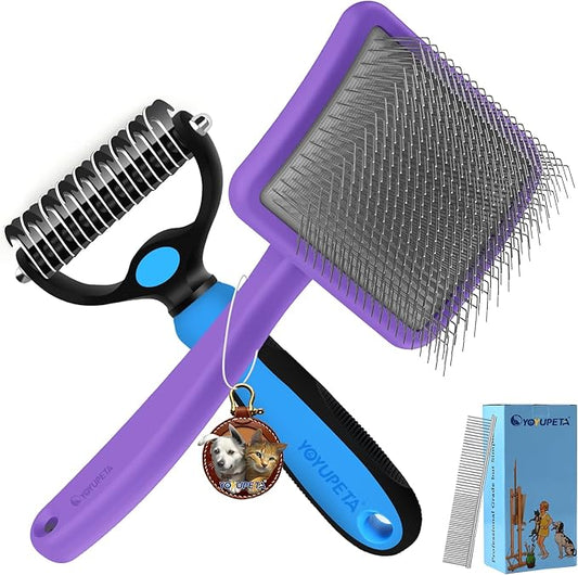 Large Slicker Brush for Dogs – 3pc Grooming Kit with Undercoat Rake & Comb, Deshedding Pin Brush for Mats & Shedding on Long-Haired & Double-Coated Dogs, Cats, Poodles & Goldendoodle, Purple