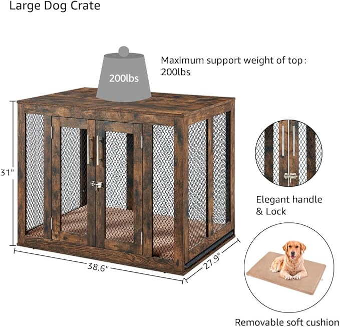 unipaws 38.5 Inch Large Dog Crate Furniture with Tray, Wooden Kennel Pet House Dog Cage with Door, Modern Decorative Dog Crate End Side Table Nightstand, Rustic
