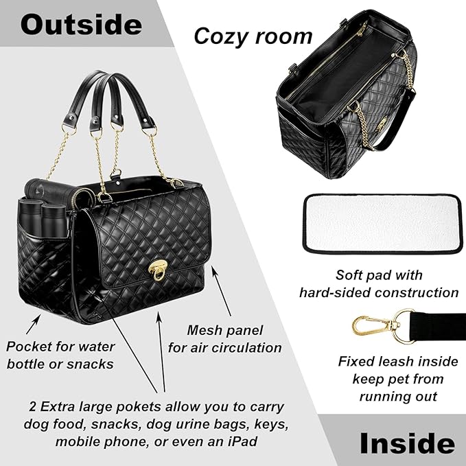 Fashion Dog Purse for Small Dogs with 2 Super-Large Pockets, Holds Up to 10lbs PU Leather Pet Carrier, Cat Carrier, Airline Approved Puppy Purse for Travel (Black, Small Size)
