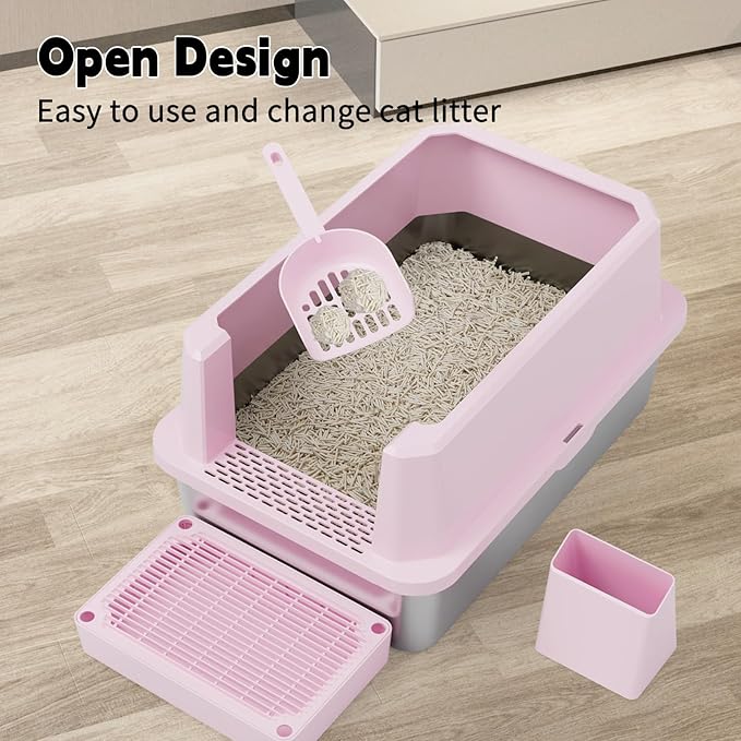 RIZZARI Large Cat Litter Box: Pink Semi-Closed Stainless Steel Litter Box with High Edges - Odorless Litter Pan Anti Leakage for Small to Large Cats for Bedroom Living Room