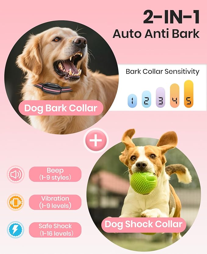 2 Dogs Bark Collar with Remote, 2-in-1 Bark and Shock Collar Combo, 3300Ft Dog Training Collar 2 Pack - Auto Anti Bark/Beep/Vibration/Shock, IP67 Smart E-Collar with 5 Adjustable Levels of Sensitivity